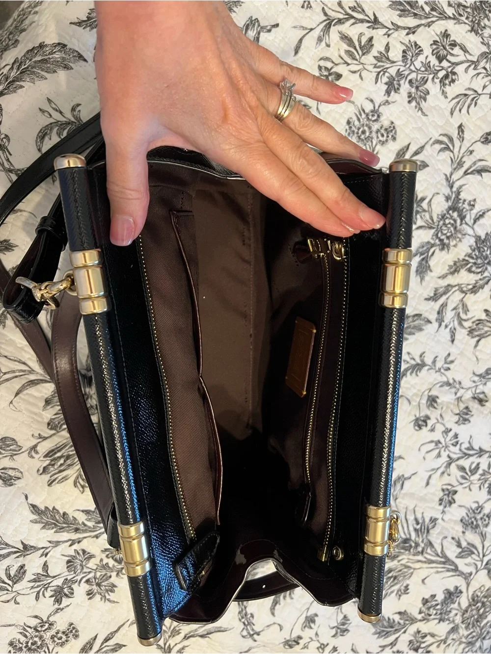 COACH Black Leather Structured Top-Handle Satchel with Gold Hardware